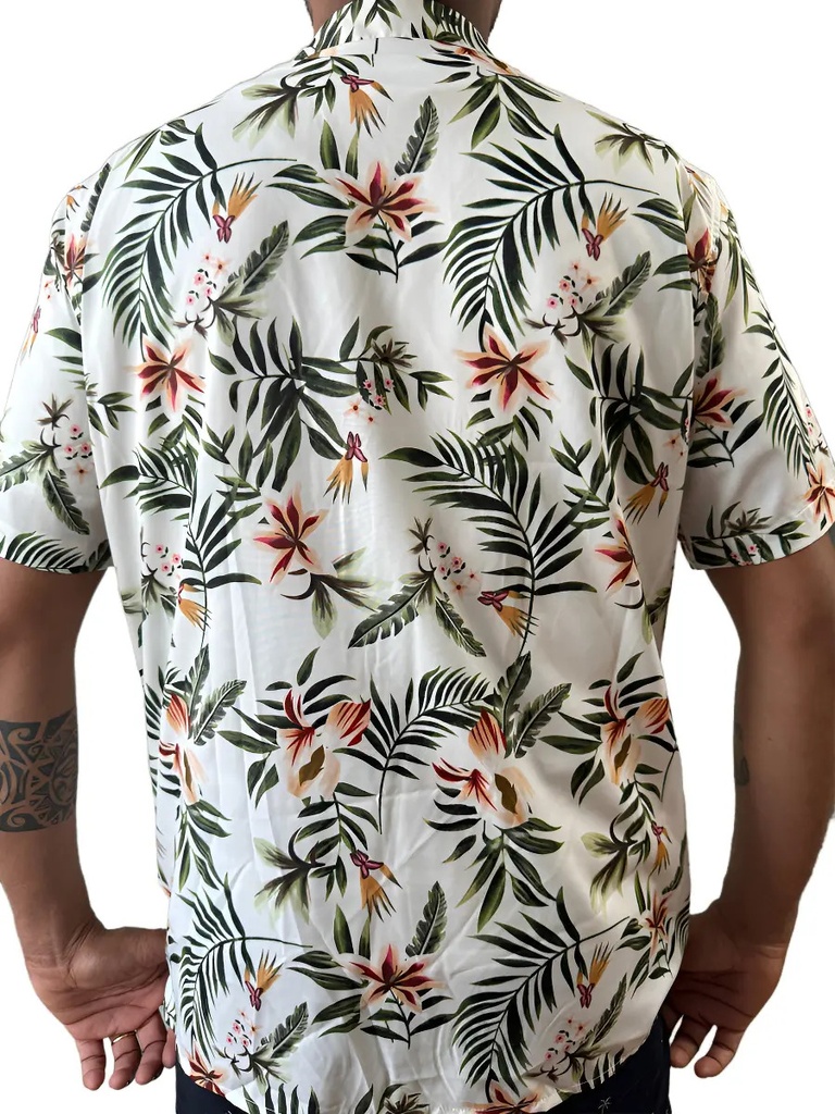 Camisa Shein Hombre Cuello Americano Manga Corta Natural Blanco Floreado S