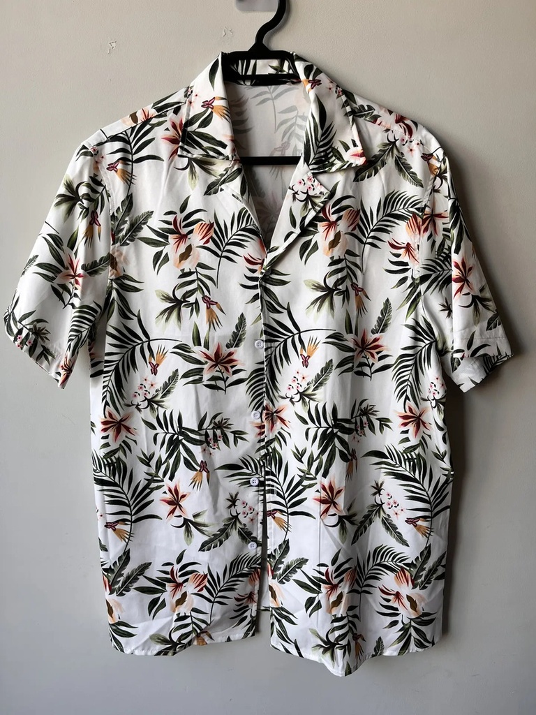Camisa Shein Hombre Cuello Americano Manga Corta Natural Blanco Floreado S