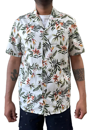 Camisa Shein Hombre Cuello Americano Manga Corta Natural Blanco Floreado S